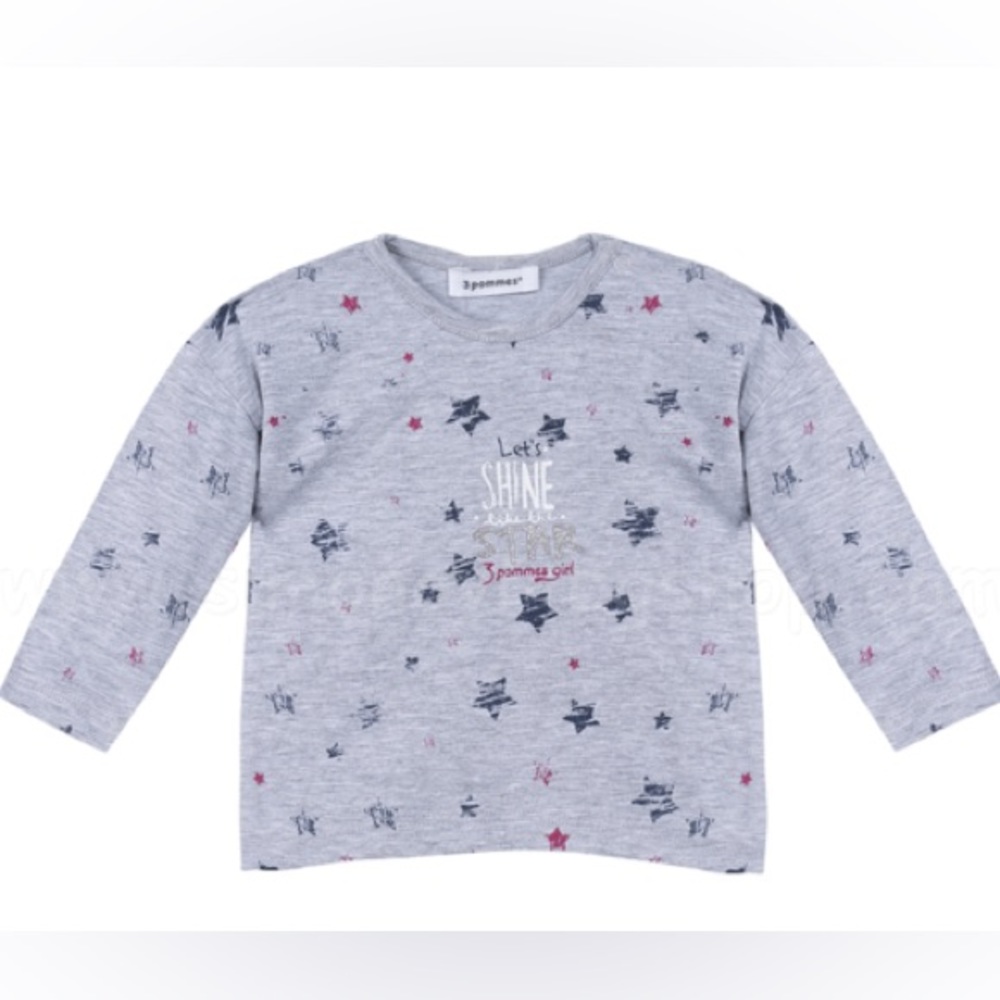 🆕 NWT 3Pommes Gray Long Sleeve Star T-Shirt Baby Girl Sz 6-9mo